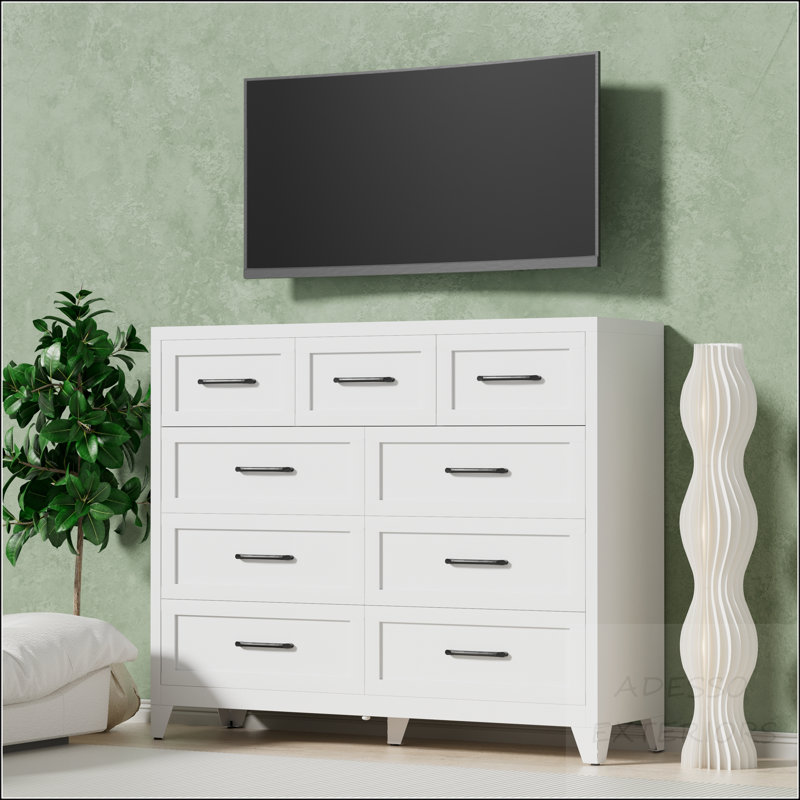 9-Drawer Tall Dresser - Space-Saving Metal Storage Cabinet, White