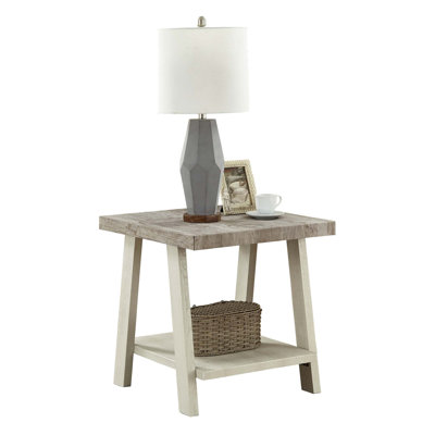 Athens Contemporary Two-Tone Wood Shelf End Table With Weathered Gray And Beige Finishes, Extra Storage And Splayed Legs