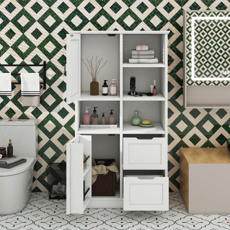 Armoire de rangement pour salle de bain avec portes et tiroirs, plusieurs espaces de rangement, style autoportant, tablette ouverte, tablette réglable