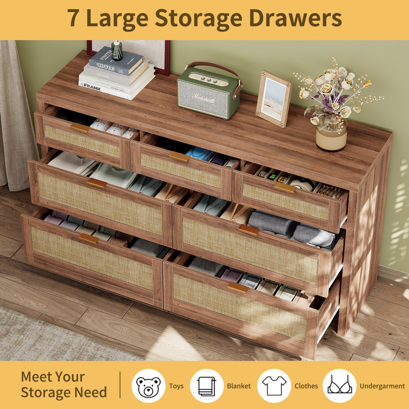 7-Drawer Rattan Dresser With Wheels ,Walnut