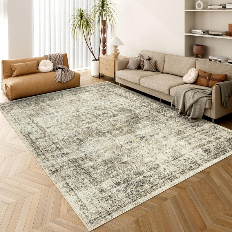 5x7 Washable Floral Rug Thin Non-Slip Low Pile Area Rug Stain Resistant Foldable Space-Saving Carpet Mat for Entryway Beige