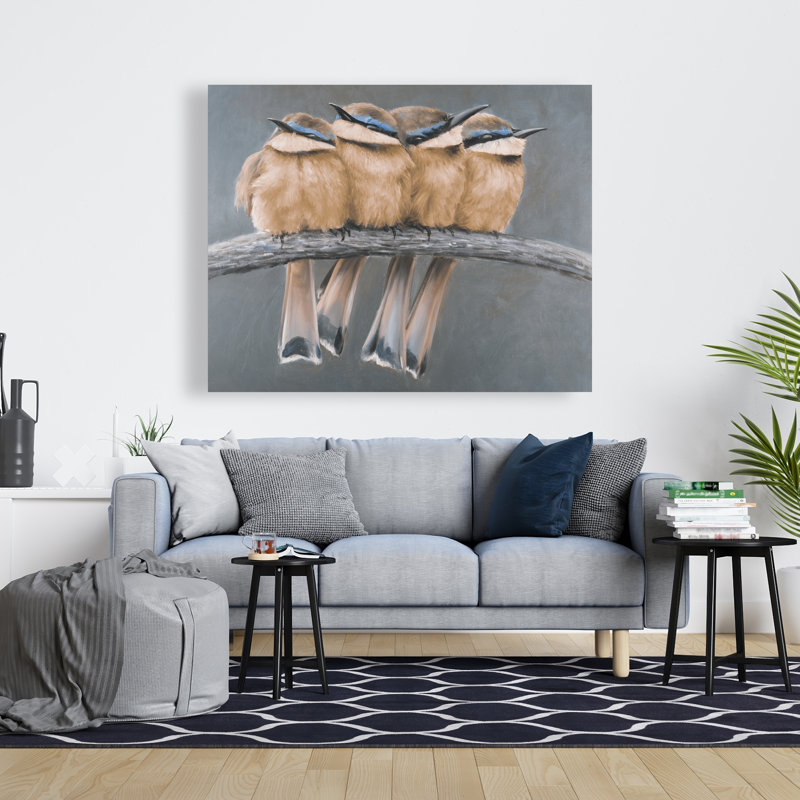 Quatre oiseaux sur une branche - Toile beige pour décoration intérieure, H 60 po x l 48 po