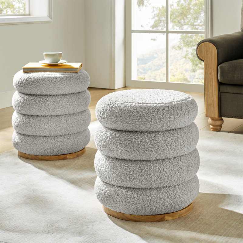 Rosa Modern Storage 360° Swivel Round Ottoman with Solid Wood Base set of 2, Gray