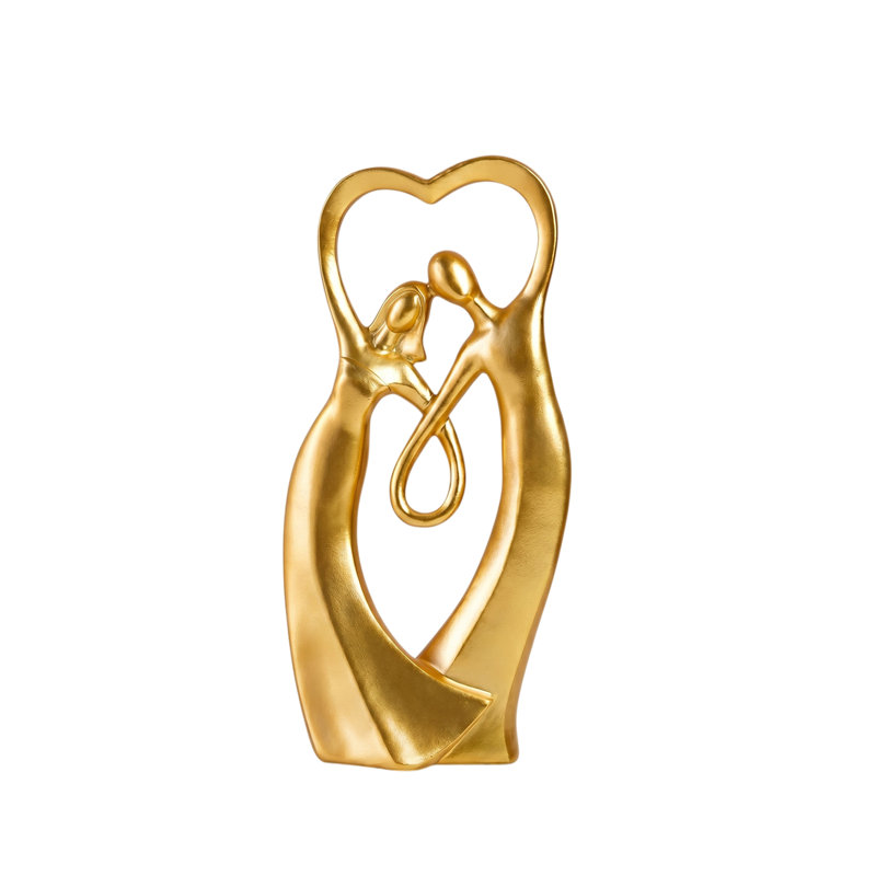 Hand Heart Sculpture with Couple Motif, Gold Resin Heart in Hand Sculpture