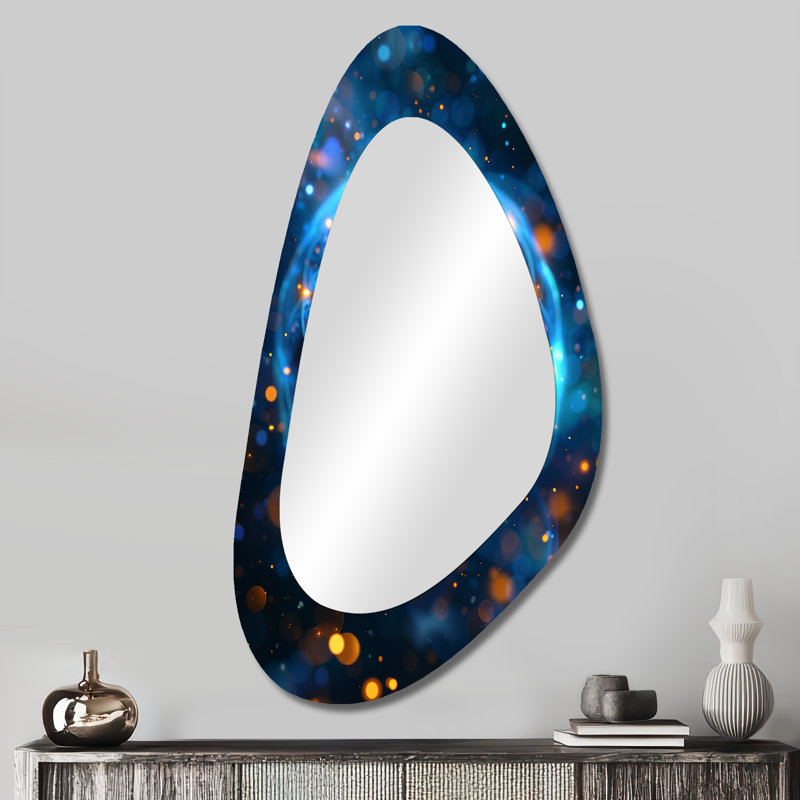 Defazio Cosmic Sacred Geometry - Fractals Irregular Shape Decorative Mirror, Blue Asymmetrical Wall Mirror, Printed Metal Art