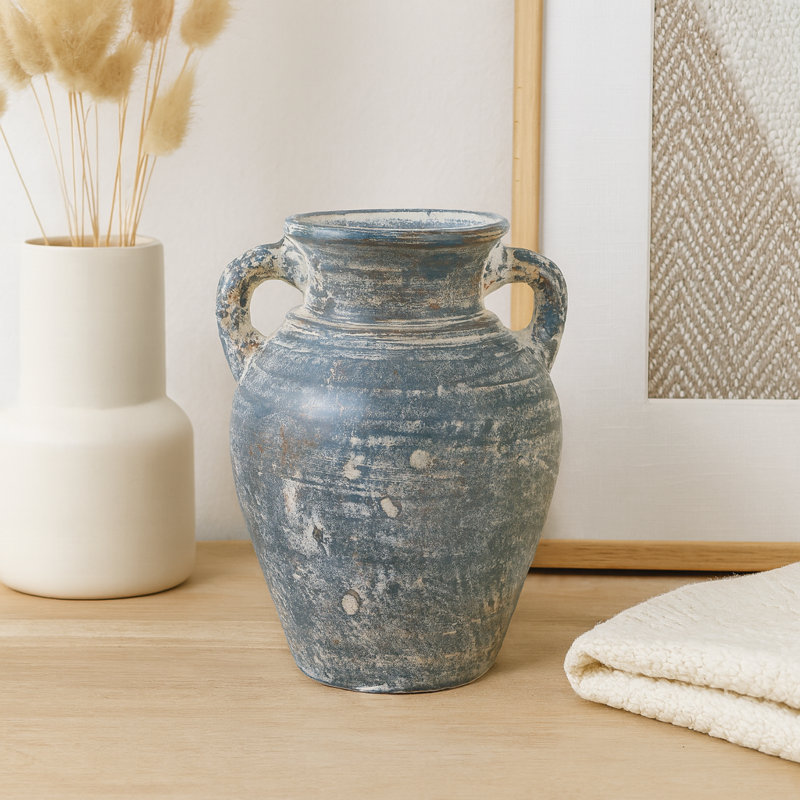 Kenith Handcrafted Amphora Table Vase, Blue/Striped, 12.5"