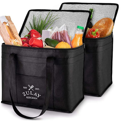 Zulay Kitchen 2 Pack Large Insulated Bag Reusable Non Woven Fabric Insulated Food Bag -  Z-NSLT-SHPBG-GRCR2PBLK