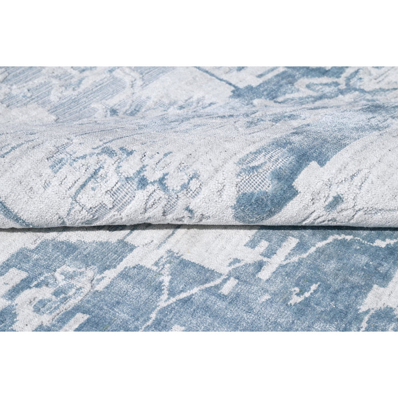 Tapis gris / bleu noué à la main de haute qualité, Rectangle 6 pi x 9 pi