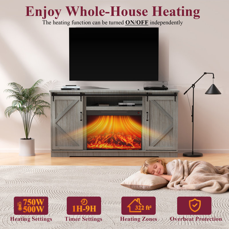 70" TV Stand With Electric Fireplace,Vintage Double Door Fireplace Cabinet For Living Room,Bedroom,Music Player/Entertainment Center, Adjustable Color/Temperature