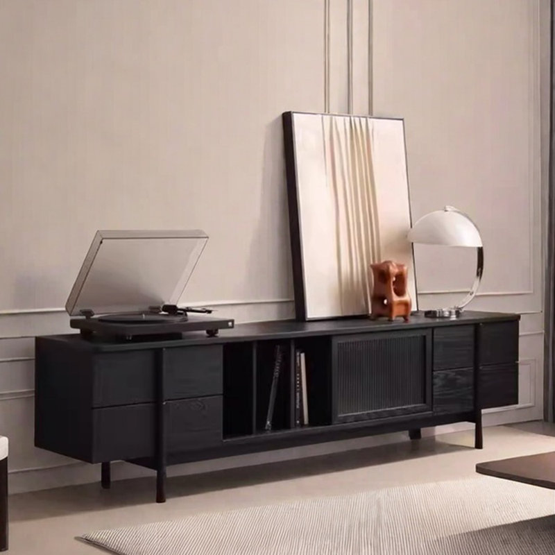 Meuble télé en bois massif au design simple, Noir, noir, noir, noir, 78.74