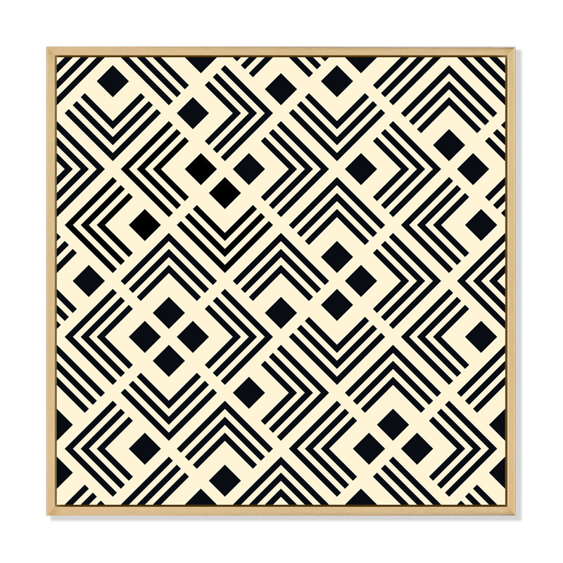 Labyrinthe géométrique noir et jaune - Impression sur toile, H 16 po x l 16 po, Cadre flottant en érable