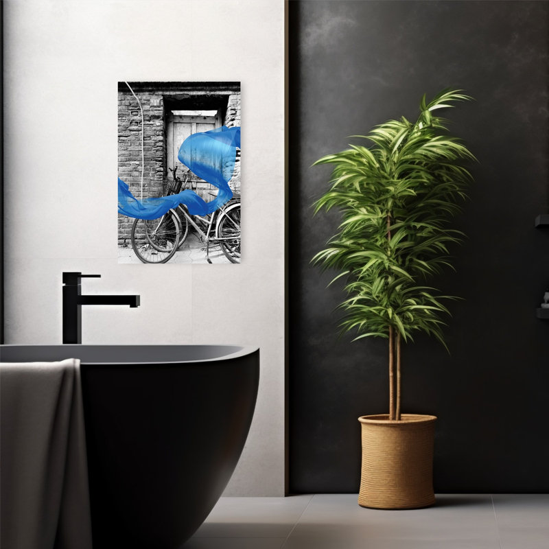 Old Bicycle Blue Flow Abstract Contemporary Retro Flower Nature Wall Art, 24" H x 16" W