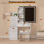 Ensemble de coiffeuse avec miroir éclairé coulissant, coiffeuse à maquillage avec 4 tiroirs et 9 espaces de rangement, compartiments cachés et tabouret rembourré, mobilier de beauté blanc pour la chambre à coucher