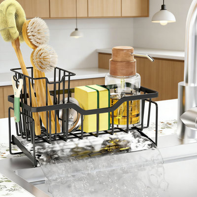 Organisateur d'évier de cuisine avec plateau de drainage, éponge antirouille et support pour récureur, chariot d'évier antidérapant avec rangement cloisonné pour le séchage instantané et la protection du comptoir