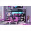 Lit mezzanine pleine grandeur tout-en-un avec rangement, structure en métal compacte avec bureau en forme de L, garde-robe et lumières DEL, noir élégant pour enfants, adolescents et adultes