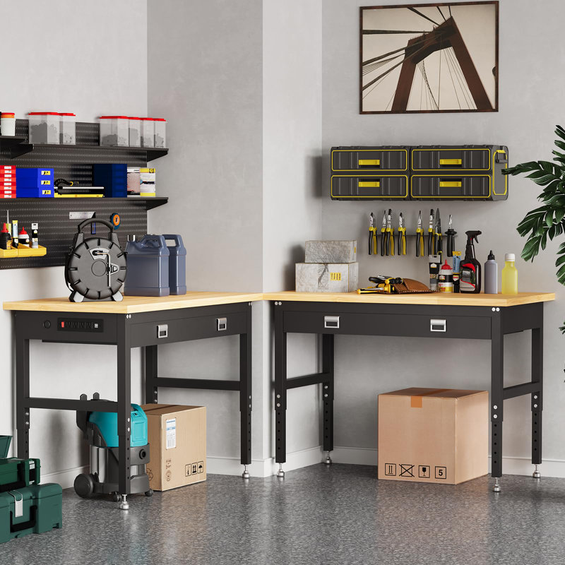 Établi à hauteur réglable avec panneau perforé, table de garage robuste avec barre d'alimentation de 2 200 lb, rangement pour atelier