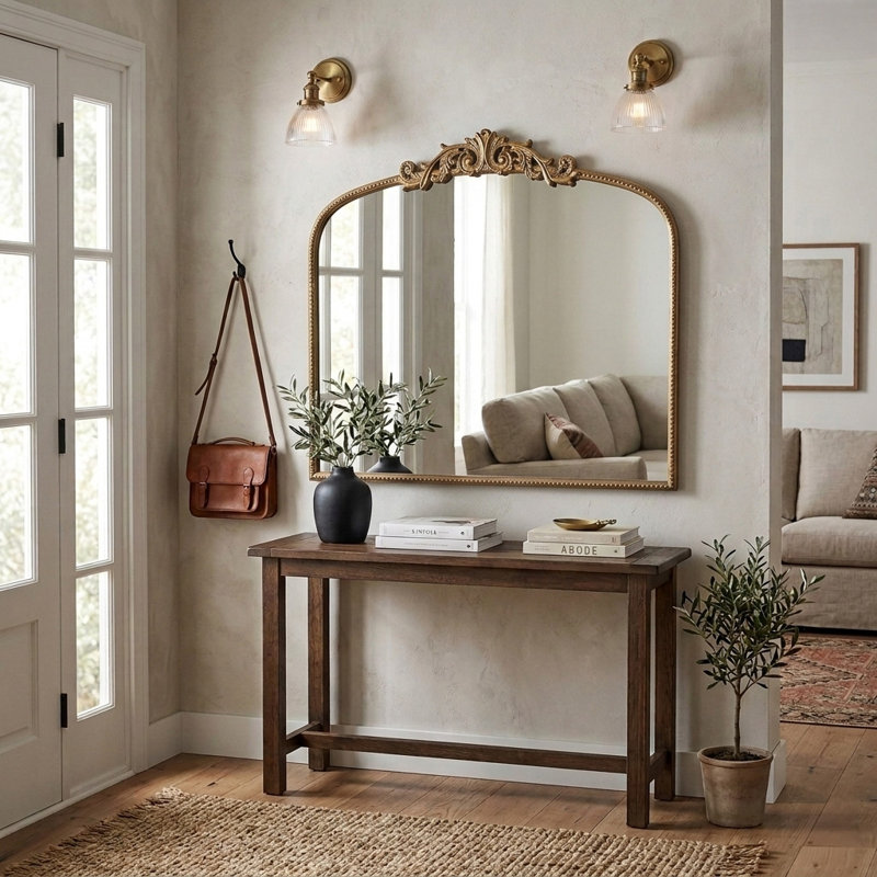 40" x 31" Classic Design  Arch Mirror and Baroque Inspired Frame for Living Room, Gold, 31" x 40"