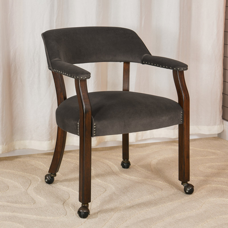 Wexford Collection Mid-Century Modern Upholstered Fabric Dining Chair, Wood Accent Chair with Arms and Casters for Dining Room, Vanity or Office, Velvet-Look Black Dining Chair