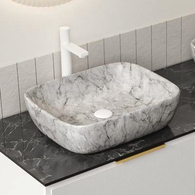 Lavabo de salle de bain 19 po en céramique avec motif en marbre blanc, sans armoire, gris pierre, construction, teinture de qualité, simple à garder, profondeur de 20,26 po, largeur de 15,71 po, hauteur de 5,37 po sans performance élevée