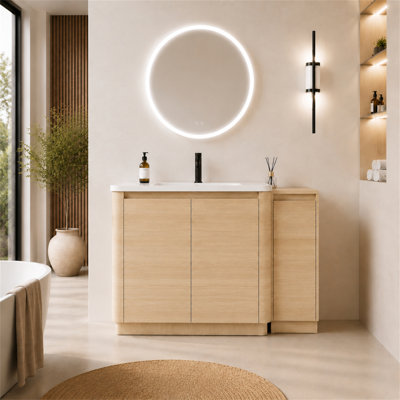 52'' Freestanding Bathroom Vanity with White Ceramic Sink, and 1-Small Storage Cabinet, Soft-Close Door, American White Oak, KD-Packing, Plywood