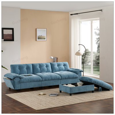 L-Shape Sectional Sofa with Multifunctional Armrest, Dual-Port Charging, Cup Holder, Side Storage Pockets, and Movable Ottoman in Soft Chenille
