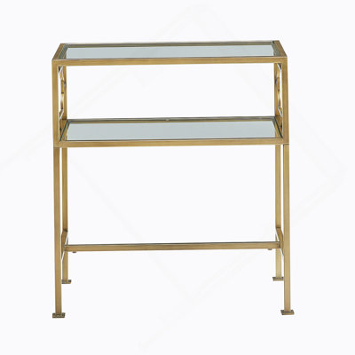 Rectangular Antique Gold Metal And Glass Accent Table With Two-Tier Tempered Glass Shelves For Elegant And Functional Decor