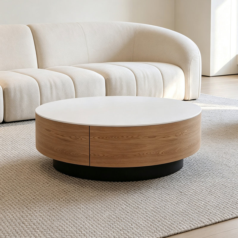 Table basse ronde pour petit appartement, White Top/Brown Base , 12.99" H x 31.49" W x 31.49" D, Flat