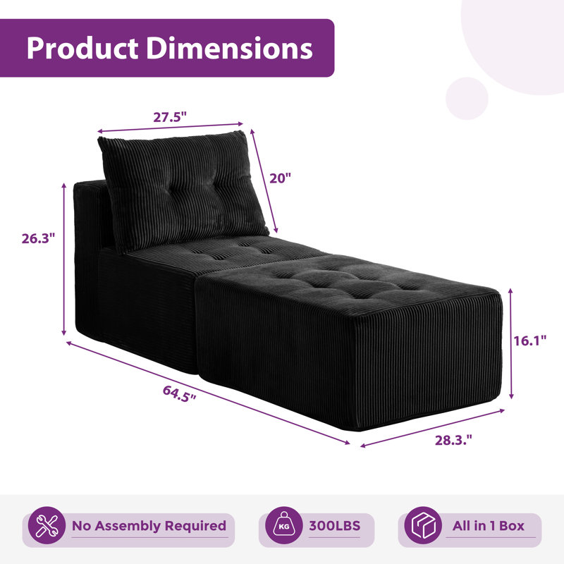 Canapé modulaire avec méridienne, Velours côtelé noir