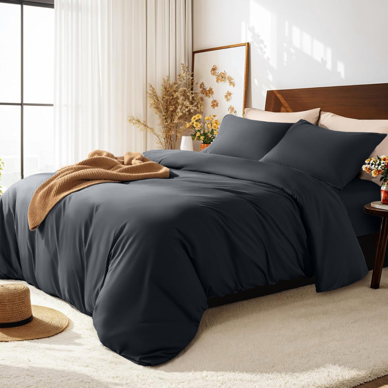 Haffa Microfiber Solid Colour Duvet Cover Set with Pillowcases, Super King Microfiber + 3 Additional Pieces, Charcoal