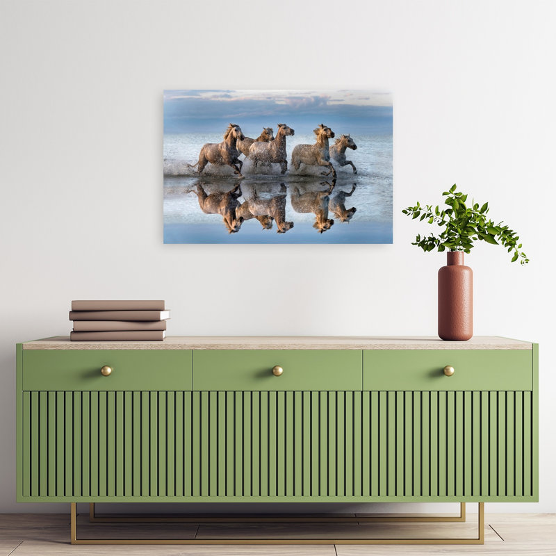 Wild Horses Running Water Contemporary Horse Nature Ocean Wall Art Print 1 Piece Wrapped Canvas Wall Art