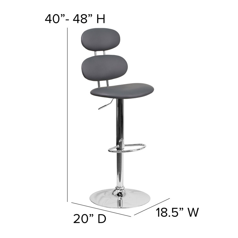 Norberg Contemporary Vinyl Adjustable Height Barstool with Ellipse Back and Chrome Base, Gray