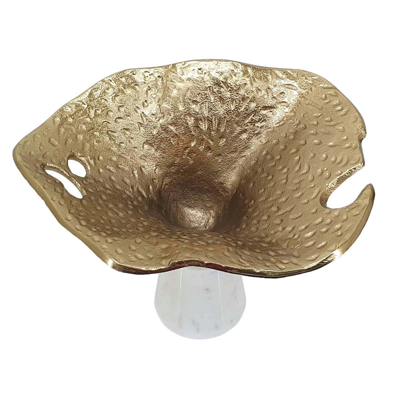 Aluminum Calla Lily Sculpture  on White Marble Base - 10.5x8x9" - Gold/White