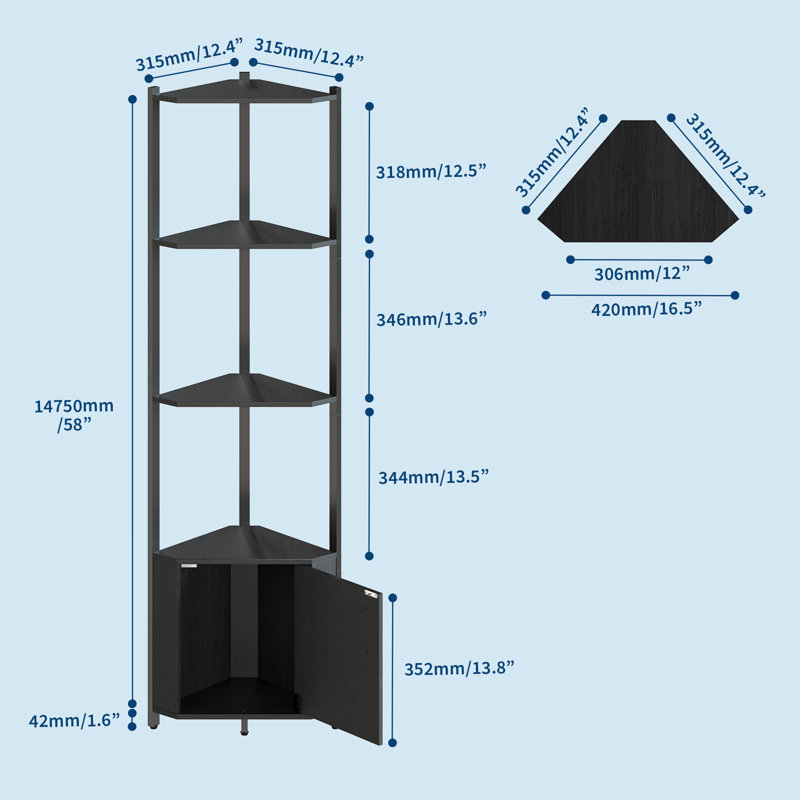 Étagère d'angle à 5 niveaux, support de rangement moderne et peu encombrant avec portes, Noir