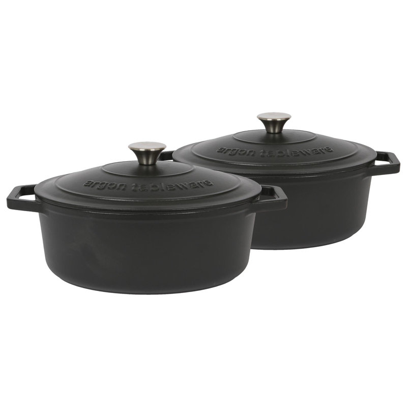 Argon Tableware - Oval Cast Iron Casserole Dishes - 4.68L - Pack of 2, Black
