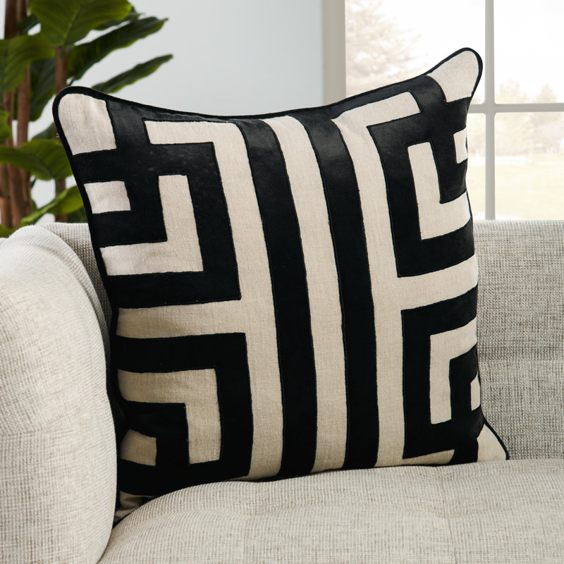 Black and Beige Embroidered Linen Throw Pillow