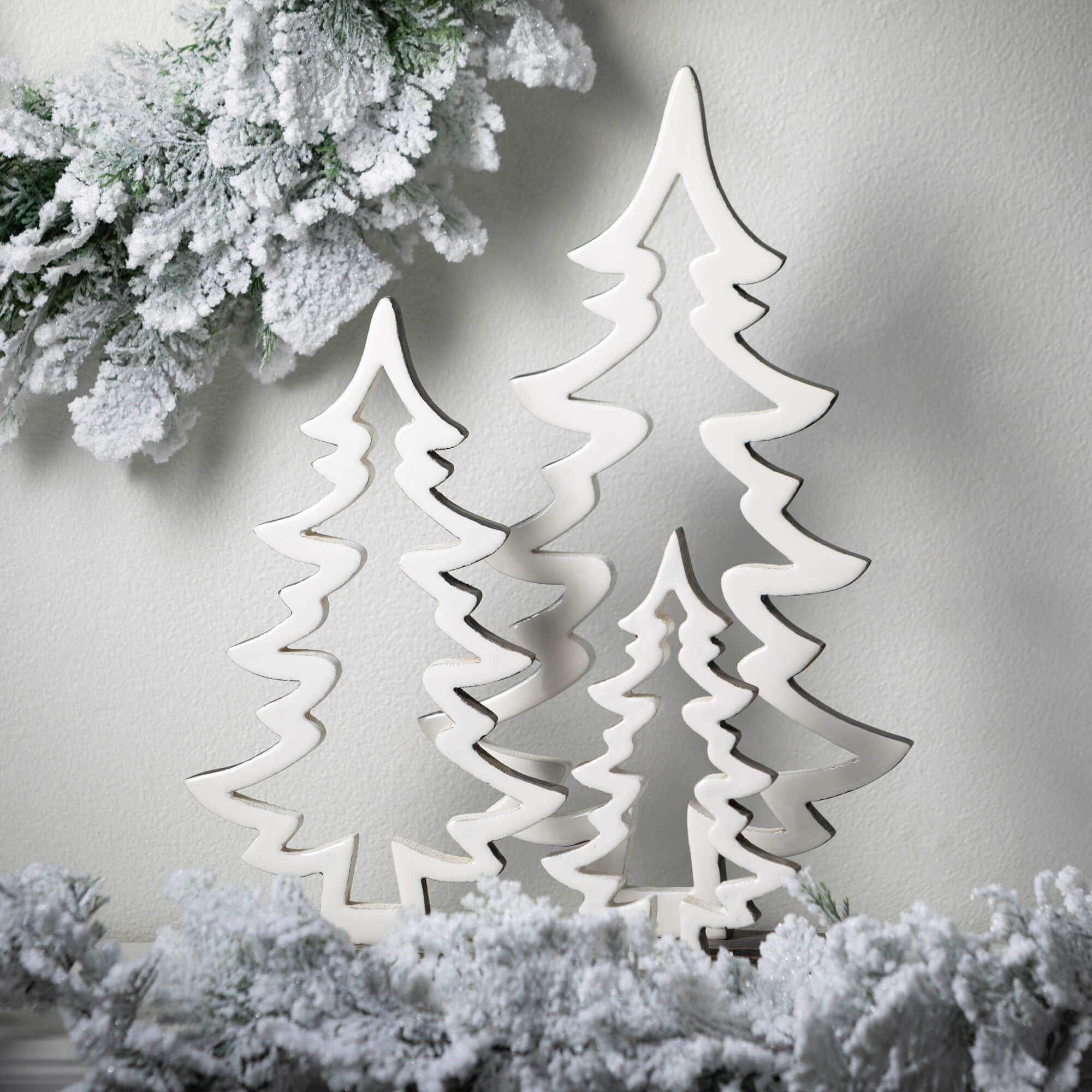16.5", 12.5" & 8.5" Christmas White Cutout Wood Tree Set of 3, Gray