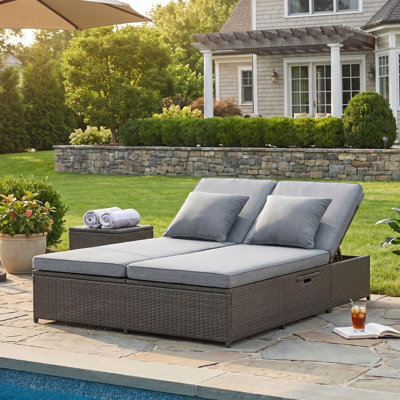 Outdoor Double Sunbed, PE Rattan Double Chaise Lounge, Wicker Rattan Patio Reclining Chairs with Adjustable Backrest and Seat for Garden and Backyard