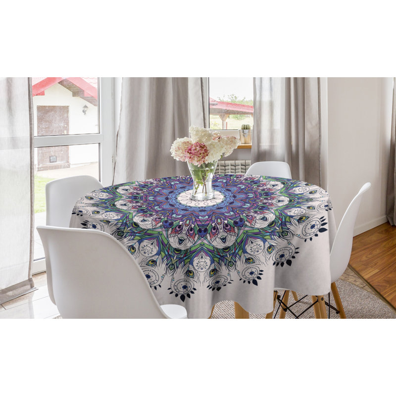 Ambesonne Mandala Round Tablecloth, Rich Colorful And Round With Peacock Feathers And Swirling Leafy Lines, Circle Table Cloth Cover For Dining Room Kitchen Decoration, 60", Multicolor
