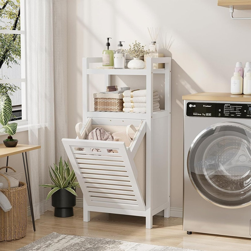 Armoire à linge basculante en bambou blanc avec sac en tissu amovible