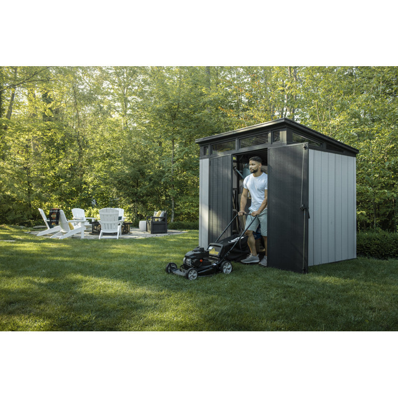 Keter Artisan 7x7 ft. Modern Durable Resin Outdoor Storage Shed With Floor and Double Doors for Garden Patio Furniture and Tools, Grey