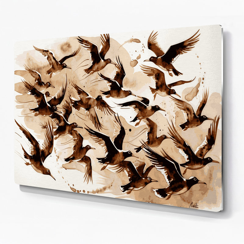 Oiseaux, art mural en métal beige, H 20 po x l 30 po