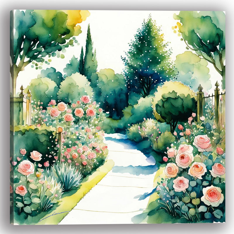 Art mural sur toile Sunlit Garden Path with Blooming Roses, H 12 po x l 12 po x P 1 po