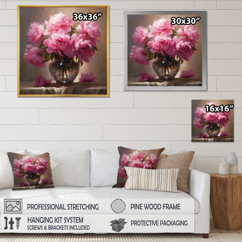 Pivoine rose verte captivante I sur toile, H 30 po x l 30 po x P 1 po, Toile tendue