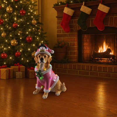 Statue de Noël Golden Retriever, figurine de chien de Noël en tenue de père Noël rose