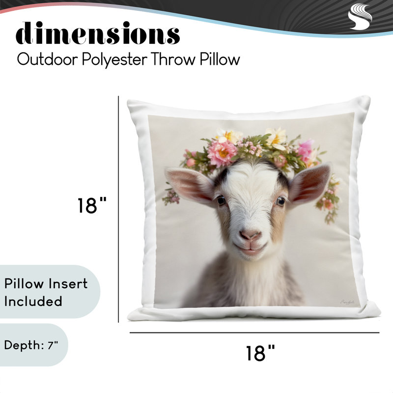 Coussin d'extérieur imprimé fleur couronné de chèvre, design par Roozbeh, 18 x 7 x 18, Chèvre rose