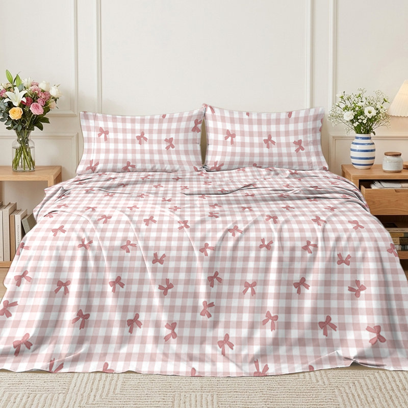 Sheet Set, Twin Sheet Set with 1 Pillowcase, Gingham Plaid Bow