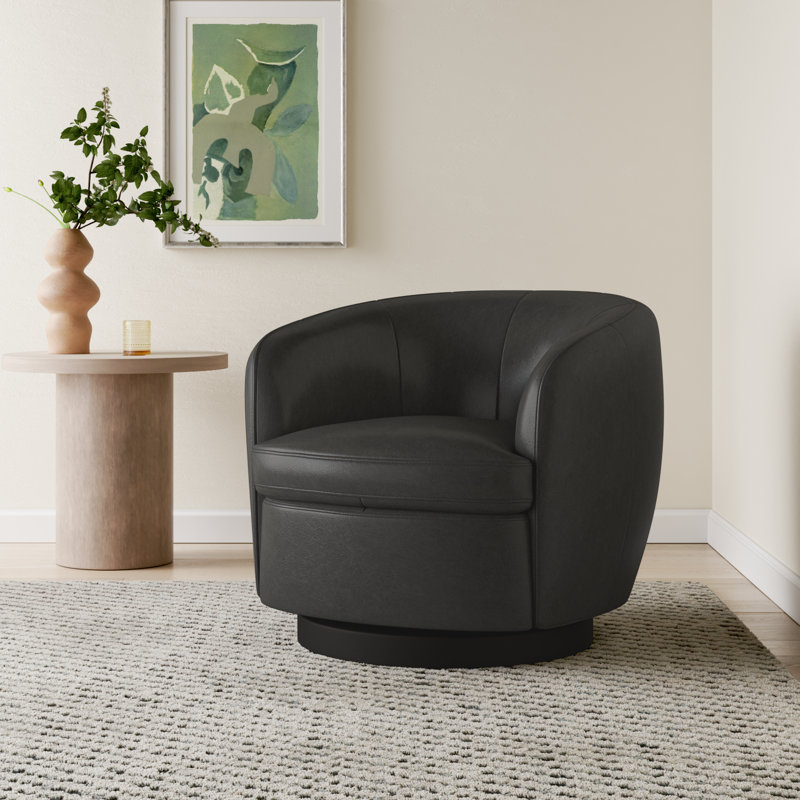Marcy Geniue Leather Swivel Barrel Chair, Marseille Black Top Grain Leather