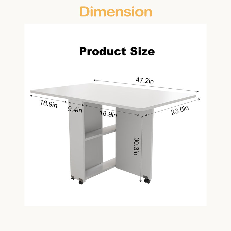 Table de salle à manger pliante à abattants avec 6 roulettes et 2 tablettes de rangement, table d'économie d'espace pour les petits espaces