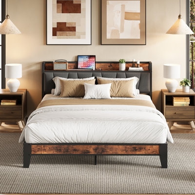 Upholstered Bed Frame with Storage Headboard and Charging Station, Solid and Stable, Noise Free, No Box Spring Needed, Easy Assembly