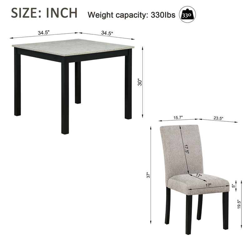 Ensemble de salle à manger 5 pièces avec plateau de table effet béton, ensemble de table de salle à manger en bois moderne, ensemble de 4 chaises de table de cuisine en bois massif